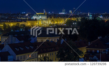 Illuminated National Theatre in Prague at night with reflection in Vltava River timelapse, Czech Republic 120739206