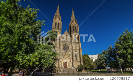 Medieval cathedral of Saint Ludmila timelapse hyperlapse in Prague in the Czech republic Medieval cathedral of Saint Ludmila timelapse hyperlapse in Prague in the Czech republic 120739217