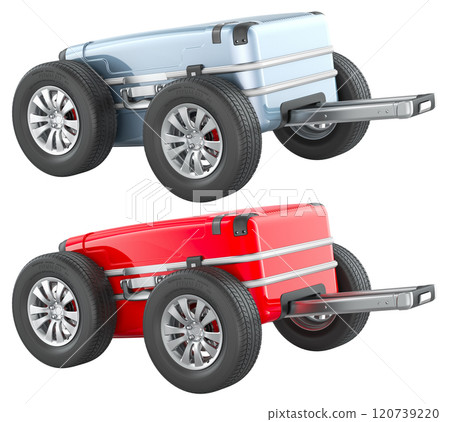 Suitcases with car wheels. Red and silver color. Travel and tourism concept, 3D rendering 120739220