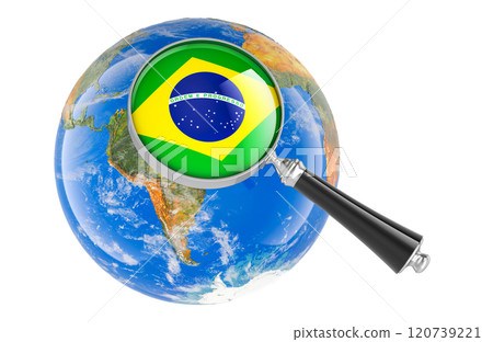 Brazilian flag under magnifying glass with Earth Globe, 3D rendering 120739221