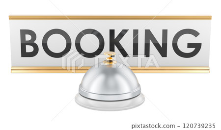 Booking, concept. Reception bell with desk plate, 3D rendering 120739235