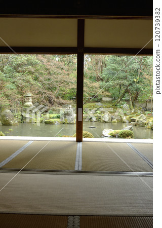 View of the rainy Rengeji Temple pond garden from the Shoin (Kita Ward, Kyoto City) 120739382