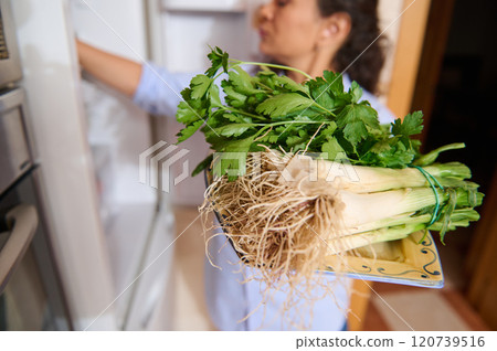 Woman holding fresh vegetables in the kitchen fridge opening moment Woman holding fresh vegetables in the kitchen fridge opening moment 120739516