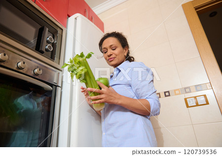 Woman holding celery and apple in modern kitchen 120739536