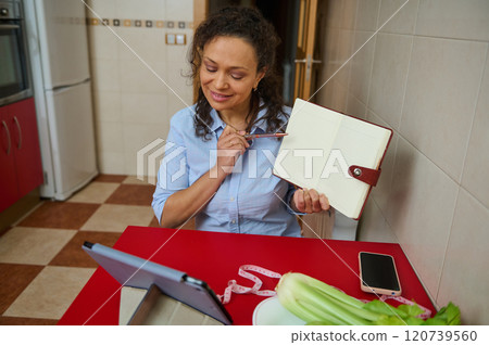 Woman video conferencing in kitchen with notebook and tablet 120739560