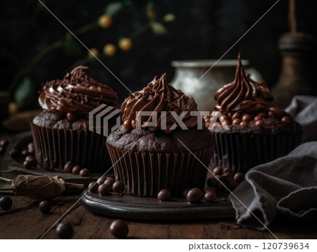 chocolate cupcake on dark wooden background. Generative AI 120739634