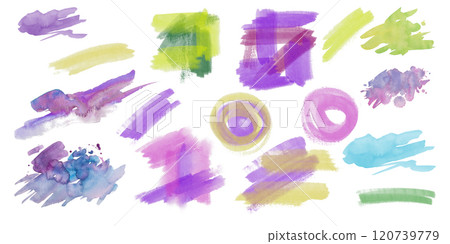 Set of Acid spots in pastel and watercolor technique.Green,purple,pink and yellow blue colors in a dynamic movement .Big brushstrokes,spots and splash for cards, flyers, poster, banner Set of Acid spots in pastel and watercolor technique.Green,purple,pink and yellow blue colors in a dynamic movement .Big brushstrokes,spots and splash for cards, flyers, poster, banner 120739779