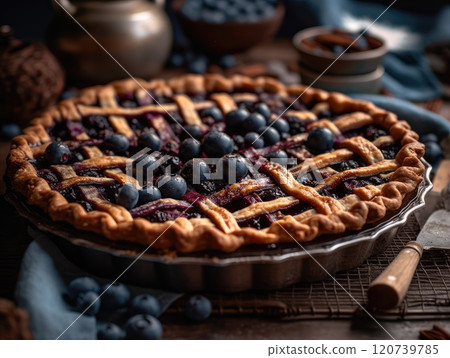Traditional homemade american blueberry pie. Generative AI 120739785
