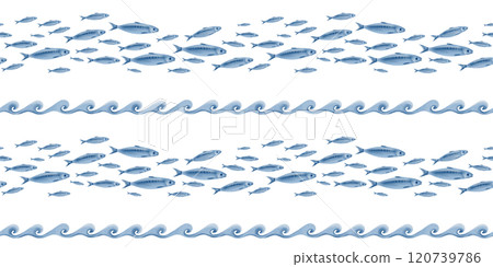 Sardine fish and a stylized ocean wave in seamless pattern swimming in a shoal watercolor illustration on a transparent background for fish restaurants,websites,posters,fish markets and stores 120739786