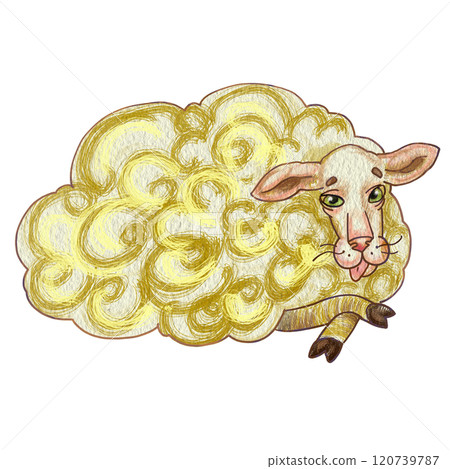 illustration of a silly sheep. Relaxed sheep in a warm yellow. Can be use on greeting cards or stickers, ceramics or apparel. Meme featuring a sheep. Youthful artwork showcasing a farm animal 120739787