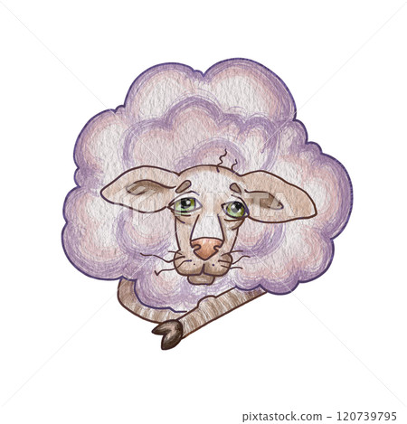 Old cartoon sheep. Illustration of a lilac lying sheep. Cartoon character for creating a postcard, sticker. Print on a cup or T-shirt. Meme with a sheep. Children's drawing of animals from the farm. 120739795