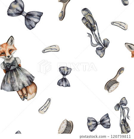 Seamless pattern. Fox-girl and girly accessories. Printing wallpaper and fabric for a girl's room. For bed linen, curtains, fabric for sewing clothes. For printing gift paper, website background, etc. 120739811