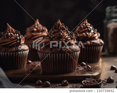 chocolate cupcake on dark wooden background. Generative AI 120739842