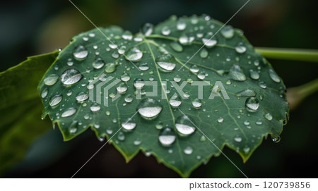 Close up view of raindrops on green leaf. Generative AI 120739856