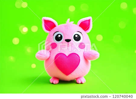 Cute pink plush toy with a heart-shaped design on a bright green background 120740040