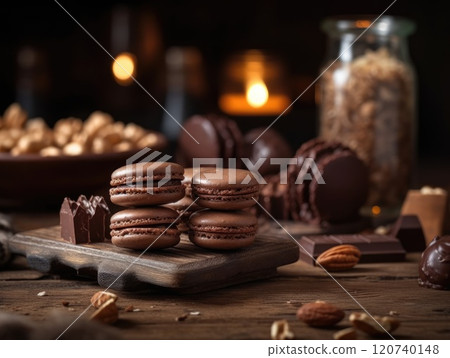 Chocolate macaroons dessert homemade on wooden background. Generative AI 120740148