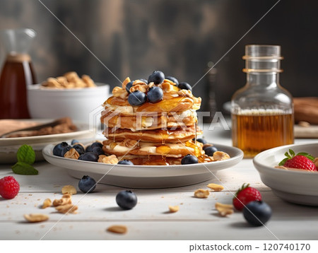 Delicious homemade Pancakes with maple syrup. Generative AI 120740170