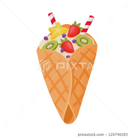 Cartoon crepe. Sweet pastry pancake with fruits and whipped cream, bakery pastry dessert flat vector illustration. Delicious crepe with filling on white Cartoon crepe. Sweet pastry pancake with fruits and whipped cream, bakery pastry dessert flat vector illustration. Delicious crepe with filling on white 120740265