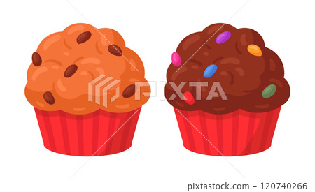 Cartoon cupcakes. Sweet pastry vanilla and chocolate muffins, delicious dessert with chocolate chip flat vector illustration. Tasty cupcakes on white 120740266