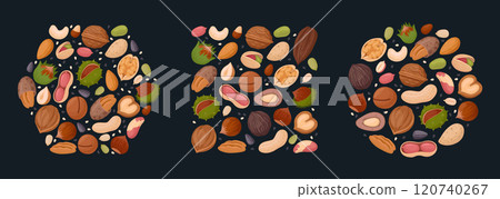 Cartoon nut frames. Nuts borders design, walnut, hazelnut, almond and pistachio frames of various shapes flat vector illustration set. Nuts border frames Cartoon nut frames. Nuts borders design, walnut, hazelnut, almond and pistachio frames of various shapes flat vector illustration set. Nuts border frames 120740267