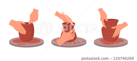 Ceramic crafting process. Cartoon hands making vases and pots, pottery workshop lesson flat vector illustration set. Potters hands making pots on pottery wheel Ceramic crafting process. Cartoon hands making vases and pots, pottery workshop lesson flat vector illustration set. Potters hands making pots on pottery wheel 120740269