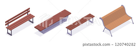 Isometric wooden benches. Garden backyard or city park bench, modern bench wooden 3d vector illustration set. Garden furniture collection Isometric wooden benches. Garden backyard or city park bench, modern bench wooden 3d vector illustration set. Garden furniture collection 120740282