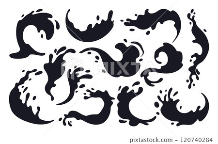 Liquid water flows silhouettes. Cartoon water splashes, drops and waves, black liquid splashes flat vector illustration set. Water splash silhouettes on white Liquid water flows silhouettes. Cartoon water splashes, drops and waves, black liquid splashes flat vector illustration set. Water splash silhouettes on white 120740284