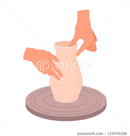 Potter hands crafting vase. Pottery workshop process on pottery wheel, ceramic studio potter modeling clay vase flat vector illustration. Ceramist making pot 120740286