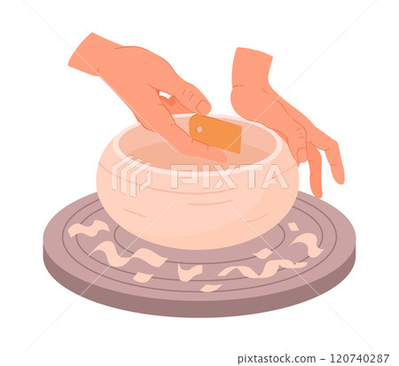 Potter hands create earthenware. Ceramic studio potter modeling clay vase, pottery workshop process on pottery wheel flat vector illustration. Hands making pot Potter hands create earthenware. Ceramic studio potter modeling clay vase, pottery workshop process on pottery wheel flat vector illustration. Hands making pot 120740287