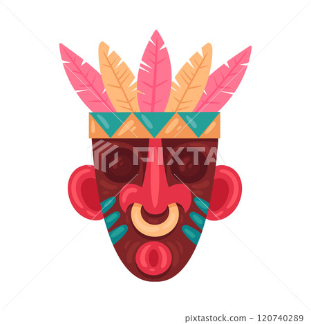 Ritual african tribal mask. Wooden ceremonial aztec or african idol, ethnic colorful mask flat vector illustration. Cartoon hawaiian tiki totem 120740289
