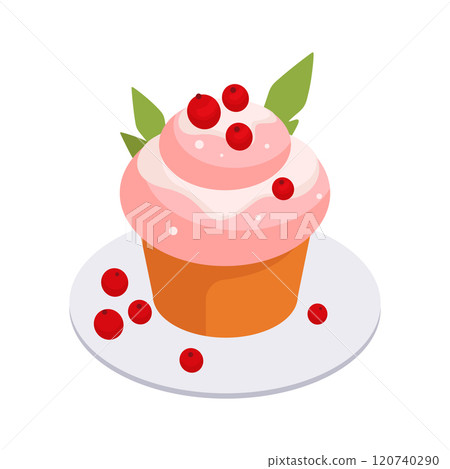 Sweet cupcake. Isometric delicious vanilla dessert with berries 3d vector illustration. Tasty pastry muffin on white 120740290