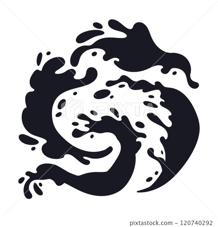 Water flows silhouettes. Cartoon liquid water splashes, drops and waves flat vector illustration. Water splash black silhouettes on white 120740292