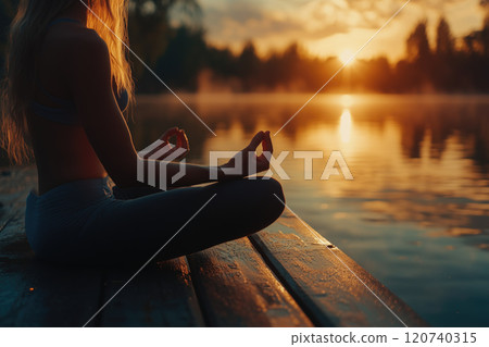 Cropped detail image of young woman sitting in lotus position on wooden pier and enjoying yoga outdoors at sunset over beautiful lake, copy space 120740315
