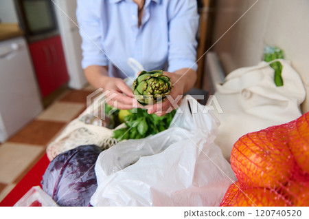 Woman unpacking fresh vegetables in her kitchen 120740520