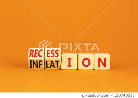 Inflation recession symbol. Turned wooden cubes and changed word Recession to Inflation. Beautiful orange table orange background. Business and inflation or recession concept. Copy space. 120740532