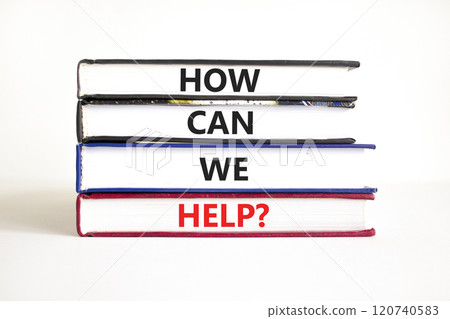 How can we help symbol. Concept words How can we help on beautiful books. Beautiful white table white background. Business and how can we help concept. Copy space. 120740583