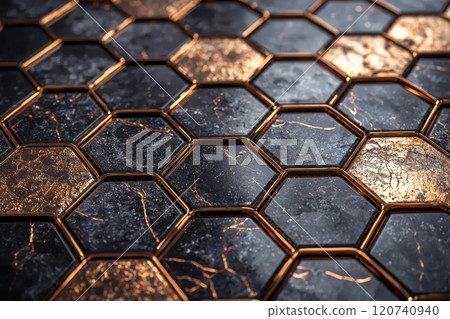 Black and Gold Hexagonal Marble Tiles with Glossy Finish 120740940