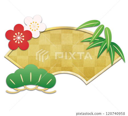 Illustration of pine, bamboo, plum and golden fan 120740958