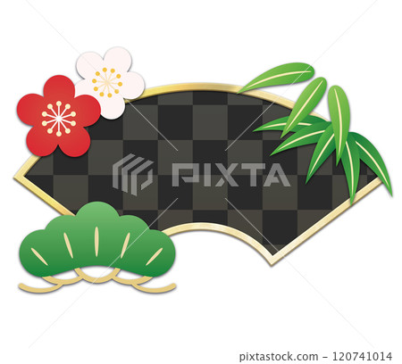 Illustration of pine, bamboo, plum and a red fan 120741014