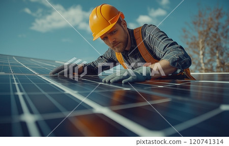 A man checks a solar panel installation. 120741314