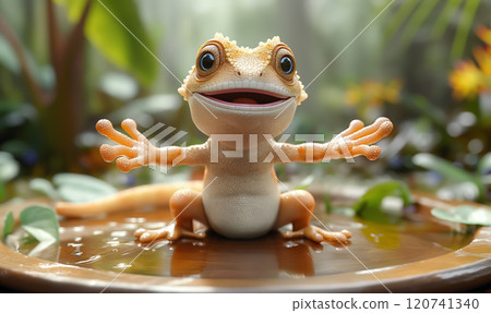 Cartoon lizard sitting on round surface in nature. 120741340