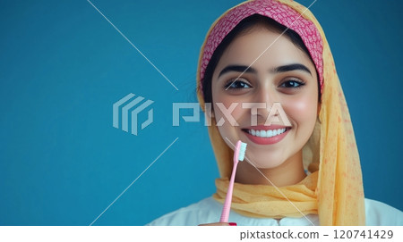 A Bangladeshi female doctor holding a toothbrush on a blue background. 120741429