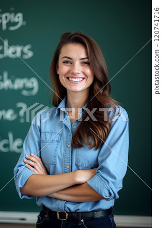 Smiling teacher in a classroom with a chalkboard, fostering a positive learning atmosphere 120741716