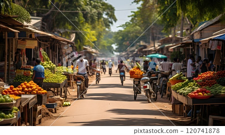 ): A traditional Chinese market featuring wooden stalls filled with fresh vegetables and fruits. Red lanterns hang above, and the street is lined with classical Chinese architectural elements. ): A traditional Chinese market featuring wooden stalls filled with fresh vegetables and fruits. Red lanterns hang above, and the street is lined with classical Chinese architectural elements. 120741878