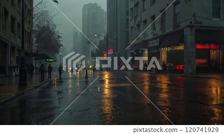 cinematic street view of a fog in the morning city 120741929