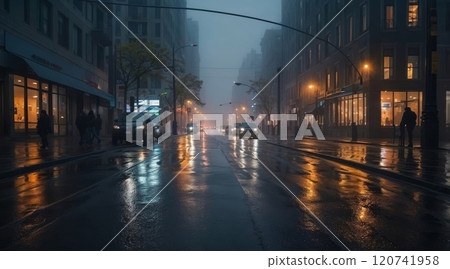 cinematic street view of a fog in the morning city 120741958