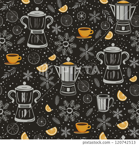 coffee teapots with lemons on a dark background. seamless pattern coffee teapots with lemons on a dark background. seamless pattern 120742513