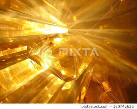 Golden Crystal Cluster with Light Beams 120742626