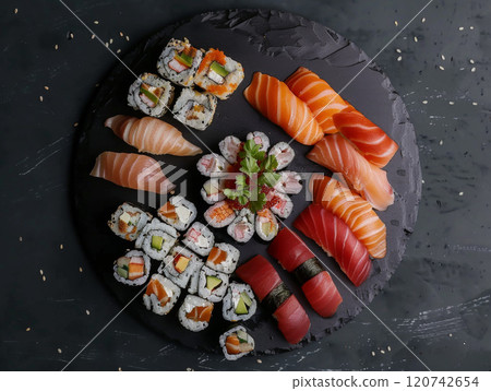 Assorted Sushi Rolls and Nigiri on a Black Slate Plate 120742654