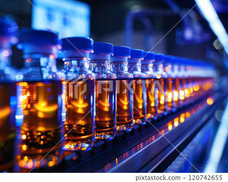 Conveyor Belt of Glass Bottles Filled with Amber Liquid in a Factory 120742655